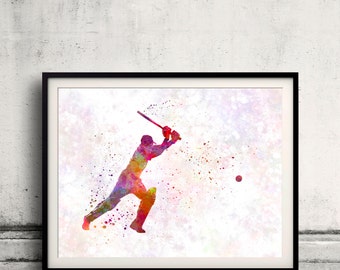 Cricket player batsman 04 - Fine Art Print Glicee Poster Home Watercolor Room Children's Illustration Sports Wall - SKU 1871