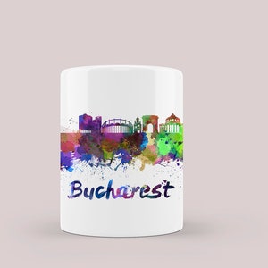 Bucharest Watercolor Coffee Mug 11oz Travel Gift City Name Skyline Design Ceramic Mug Personalized Gift