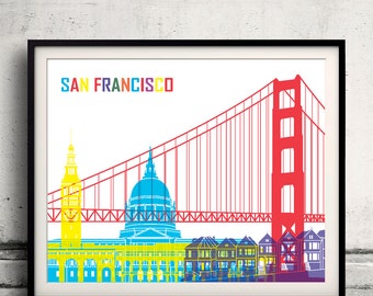 San Francisco Pop Art Skyline - Fine Art Print Glicee Poster Dekor Home Geschenk Illustration Wandkunst Pop Art Bunte Sehenswürdigkeiten - SKU 1117