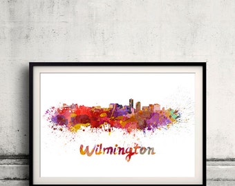 Wilmington skyline in watercolor over white background with name of city - SKU 1725