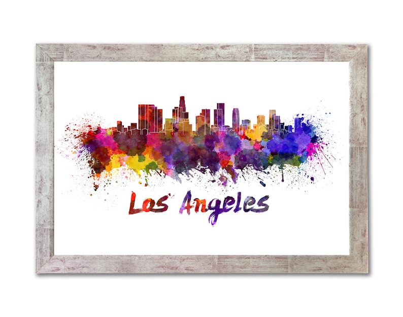 Los Angeles skyline in watercolor over white background with name of city SKU 0275 image 1