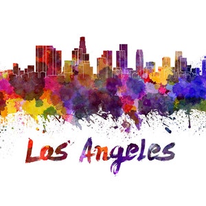 Los Angeles skyline in watercolor over white background with name of city SKU 0275 image 3