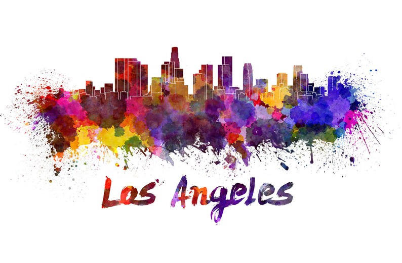 Los Angeles skyline in watercolor over white background with name of city SKU 0275 image 3