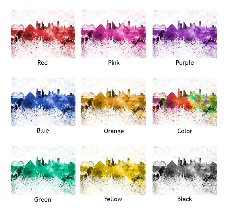 Memphis skyline in watercolor on white, 8 monochrome colors, and full color SKU 0437 image 2