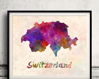 Zwitserland - Kaart in aquarel - Fine Art Print Glicee Poster Decor Home Gift Illustratie Wall Art Landen Kleurrijk - SKU 1908