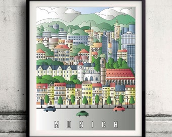 Munich City Poster - Fine Art Print Glicee Poster Decor Home Gift Illustration Wall Art Artistic Colorful Landmarks - SKU 2134