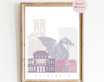 Ljubljana skyline poster - Fine Art Print Glicee Poster Decor Home Gift Illustration Wall Art Artistic Colorful Landmarks - SKU 2137