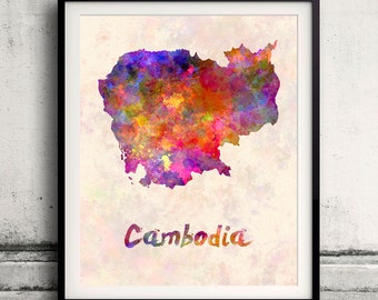 Cambodja - Kaart in aquarel - Fine Art Print Glicee Poster Decor Home Gift Illustratie Wall Art Landen Kleurrijk - SKU 2015