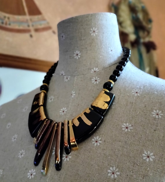 1980s JAPAN Black and Gold Enamel Statement RARE … - image 4