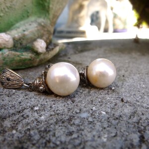 Vintage Unsigned 1960s Faux Pearl Dangle Post Earrings with Little Black Rhinestones