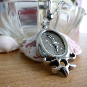 1970s Muse of Dance Silver Tone Metal Pendent with Beaded Chain Hook Clasp