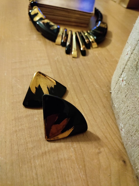 1980s JAPAN Black and Gold Enamel Statement RARE … - image 7