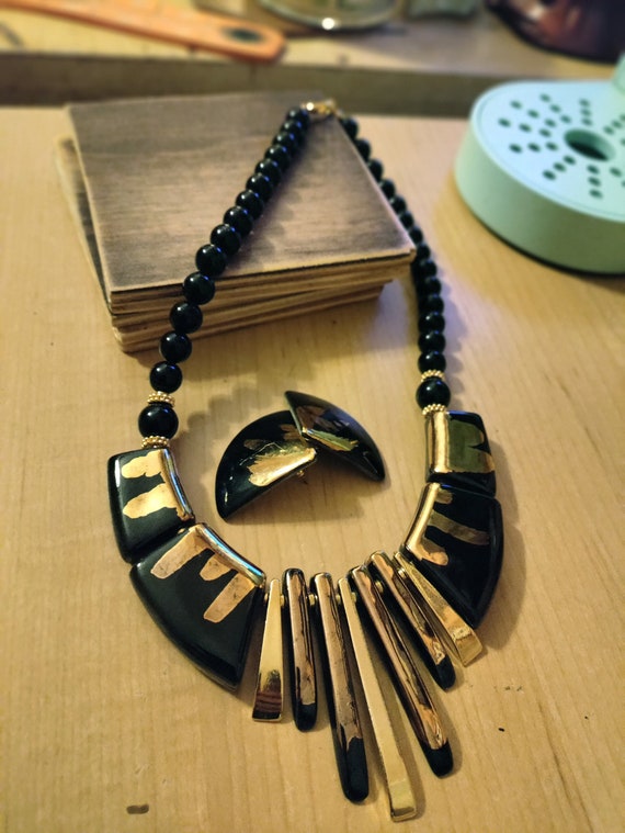 1980s JAPAN Black and Gold Enamel Statement RARE … - image 2