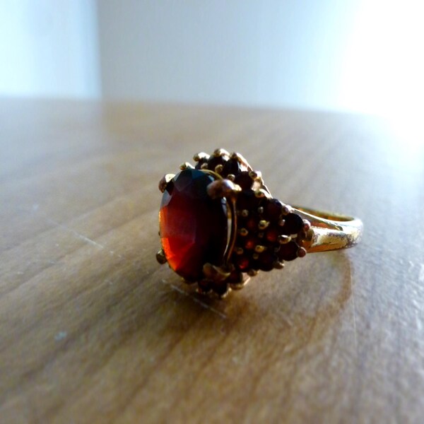 1920s Bohemian Art Deco 925 Silver and Garnet Ring Size 7 with Gold Plate January Birthstone