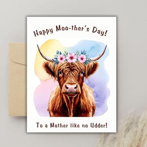 Carte-cadeau Vache Highland pour la fête des Mères Joyeuse fête des Mères à une mère qui aime le pis Carte de jeu de mots 1ère fête des Mères Farmcore Homesteading