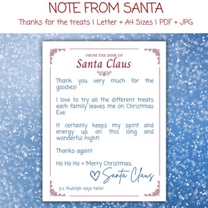 Nota de Papá Noel en Nochebuena / Gracias por los obsequios / Descarga instantánea / Linda carta de Papá Noel / Plantilla personalizada simple / PDF