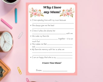 Mother's Day Gift from Kids: Mom Gift from Child, Why I Love My Mum Fill-In the Blanks Activity, Happy Mother's Day Gift, All About my Mom