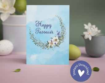 Printable Happy Passover Card Pesach Card Seder Card Jewish Card Chag Pesach Sameach Watercolor Flowers on Pastel Blue DIY Passover Gift