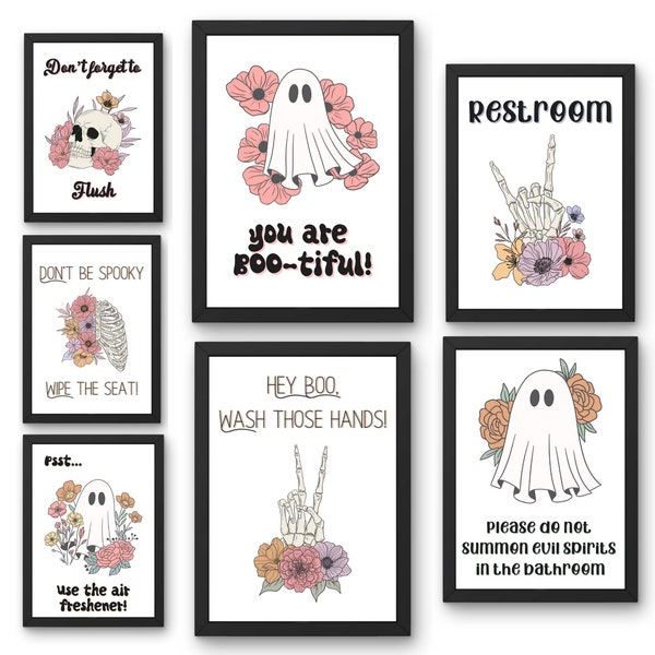 Funny Halloween Bathroom Decor Sign Bundle Set of 6 Printable Cute Halloween Bathroom Prints Bathroom Wall Art Cute Ghosts Floral Skeleton