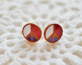 Peace Sign Studs - Handmade Earrings with Vintage Copper & Enamel Findings - Boho, Hippie, Blue, Red, White, Friendship Gift, Gift for Her