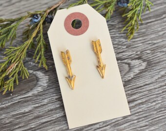 Brass Arrow Stud Earrings with Nickel Free Posts - Handmade with Vintage Findings - Boho Chic, Cupid, Hippie, Modern, Huntress, Simple, Gift