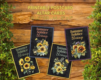 Könnte beinhalten: Drei rechteckige, druckbare Altar-Karten mit dem Text Summer Solstice Blessings und Sonnenblumen-Illustrationen auf dunklem Hintergrund. Die Karten sind in den Formaten US Letter, A4 und 12,7 cm mal 17,8 cm zum Ausdrucken erhältlich.