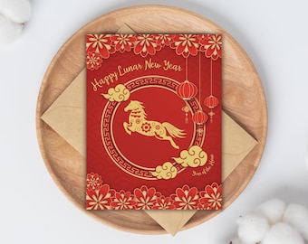 Tarjeta imprimible de Feliz Año Nuevo Chino, Tarjeta de Año Nuevo Lunar 2026, Año del Caballo, Año del Caballo de Fuego, Tarjeta de Feliz Año Nuevo, Tarjeta de Buena Suerte