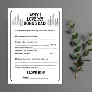 Custom Printable Bonus Dad Gift Fill-In the Blanks Activity for Kids Why I Love My Step Father Gift for Step Dad Father&#39;s Day Gift Step Dad