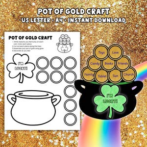 Może przedstawiać: Wydrukowane rzemiosło Pot of Gold z koniczyną i wzorem garnka. Tekst zawiera "I'm Lucky!" i instrukcje. Garnek jest wypełniony monetami z takimi słowami jak "Toys" i "Friends". Tło jest złote.