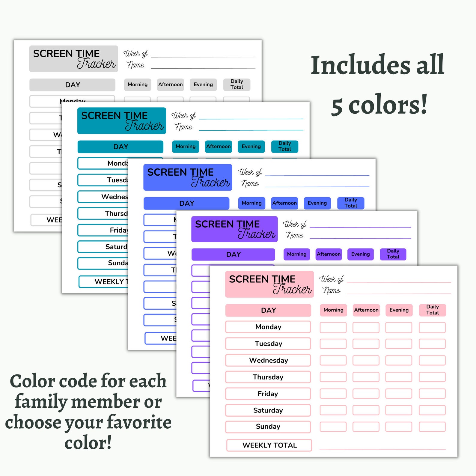 Screen Time Datatable Simple Screen Time Tracker for Kids or Adults | Daily + Weekly Screen ...