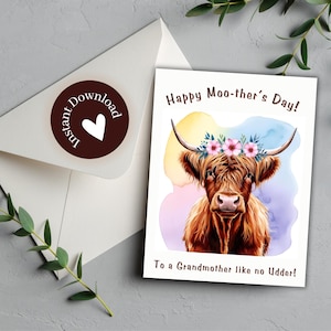 Carte-cadeau Vache Highland pour la fête des Mères Joyeuse fête des Mères à une grand-mère qui ne aime pas le pis Carte de jeu de mots 1ère fête des Mères Cadeau à la ferme
