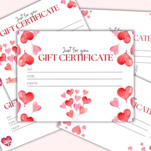 Paquete de certificados de regalo imprimibles Certificados de regalo personalizados Regalo personalizado personalizable Plantilla fácil de corazones de acuarela rosa + rojo