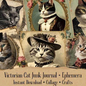 Kit de papel digital para álbum de recortes con páginas imprimibles de diario basura con arte de gatos victorianos, collage de gatos efímeros vintage imprimibles góticos, postal vintage