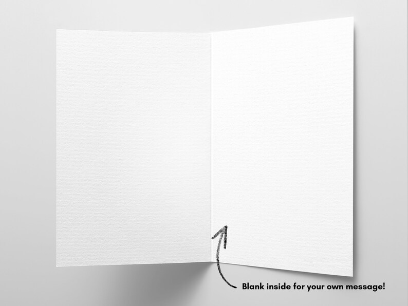 May include: Blank white card with a textured surface. The card is folded in half and the inside is blank for writing a message.