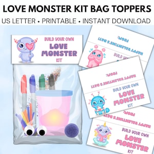 Kit per la decorazione di borse con mostri d'amore di San Valentino stampabile, kit artigianale di San Valentino, regalo di classe per San Valentino, San Valentino senza caramelle, scuola materna