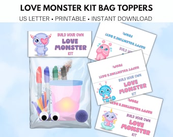 Adorno para bolsa de regalo imprimible con forma de monstruo del amor para San Valentín, kit de manualidades para San Valentín, regalo de San Valentín para compañeros de clase, San Valentín sin dulces, preescolar
