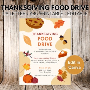 Editable Thanksgiving Food Drive Flyer Template Fall Food Drive Poster Template School Food Drive PTO PTA Church Food Drive Fundraiser Sign