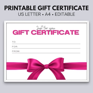 Certificado de regalo imprimible Certificado de regalo personalizado Regalo personalizado personalizable Clásico rosa fuerte fucsia Descarga instantánea Plantilla fácil