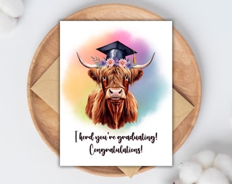 Tarjeta de graduación de vaca de las tierras altas, imprimible, estilo rancho rústico, para hija, amiga, graduada de secundaria o universitaria.