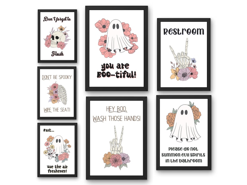 Puede incluir: Conjunto de ocho letreros de ba&ntilde;o con tem&aacute;tica de Halloween con ilustraciones de fantasmas, esqueletos y flores. Los letreros presentan frases como "No olvides tirar de la cadena", "&iexcl;Eres boo-tiful!" y "Por favor, no invoques esp&iacute;ritus malignos en el ba&ntilde;o."