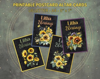 Könnte beinhalten: Vier druckbare Postkarten-Altar-Karten mit schwarzem Hintergrund und Sonnenblumen-Bildern. Der Text auf den Karten lautet "Litha Blessings".
