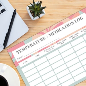 Può includere: Un registro di temperatura e farmaci stampabile con un design floreale rosa e verde. Il registro include sezioni per la data, l'ora, la lettura della temperatura, il tipo di farmaco, la quantità di farmaco, i sintomi e le note.