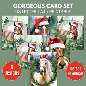 Ensemble de cartes de Noël aquarelle cheval imprimable avec chevaux en bonnets de père Noël carte de vœux animaux carte de Noël peinture cheval vétérinaire équin