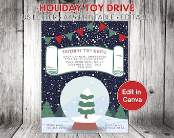 Peut inclure: Une affiche imprimable pour une collecte de jouets de Noël. L'affiche représente un globe à neige avec un sapin vert à l'intérieur. Le texte sur l'affiche indique "Collecte de jouets de Noël" et comprend des informations sur le lieu de dépôt, les dates et les heures. L'affiche comprend également un nom de profil de médias sociaux pour l'organisation.