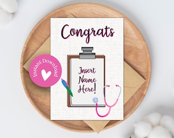 Custom Nurse Graduation Card: Printable Custom RN Graduation Card Congrats Nursing School Customizable Stethoscope Clipboard Pen