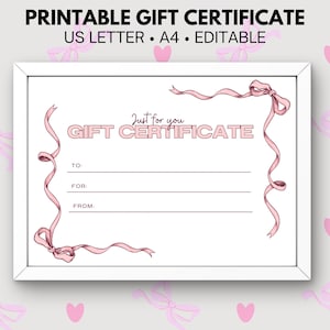 Certificado de regalo con lazo coqueto para ella, certificado de regalo imprimible, moderno y elegante, personalizado, plantilla de vale de regalo personalizable