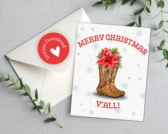 Printable Merry Christmas Y'all Card Happy Holidays Y'All Card Country Cowboy Christmas Card Cowboy Boots Western Christmas Happy Y'allidays