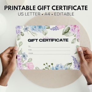 Certificado de regalo para jardineros, certificado de regalo imprimible de primavera, certificado de regalo personalizado, plantilla de regalo personalizable de hortensia y flor.