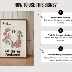 Puede incluir: Un imprimible enmarcado con un fantasma y flores en un dise&ntilde;o floral. El texto "Psst... use the air freshener!" est&aacute; en el imprimible. La imagen muestra instrucciones sobre c&oacute;mo usar el imprimible, incluyendo descargar, imprimir y mostrarlo.