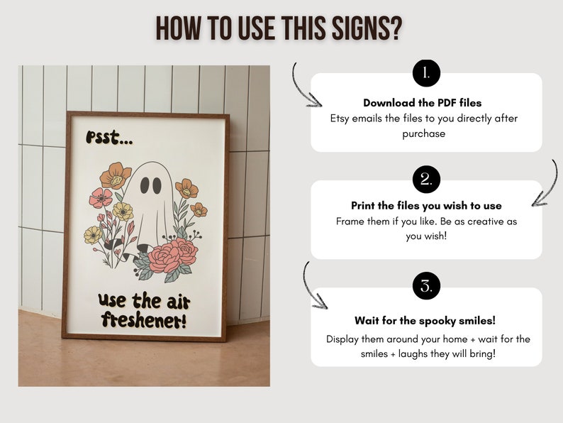 Puede incluir: Un imprimible enmarcado con un fantasma y flores en un dise&ntilde;o floral. El texto "Psst... use the air freshener!" est&aacute; en el imprimible. La imagen muestra instrucciones sobre c&oacute;mo usar el imprimible, incluyendo descargar, imprimir y mostrarlo.